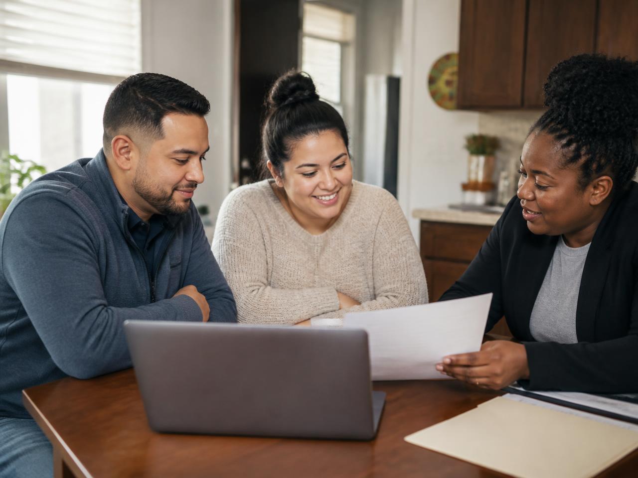 A housing counselor reviewing paperwork with a couple at their kitchen table